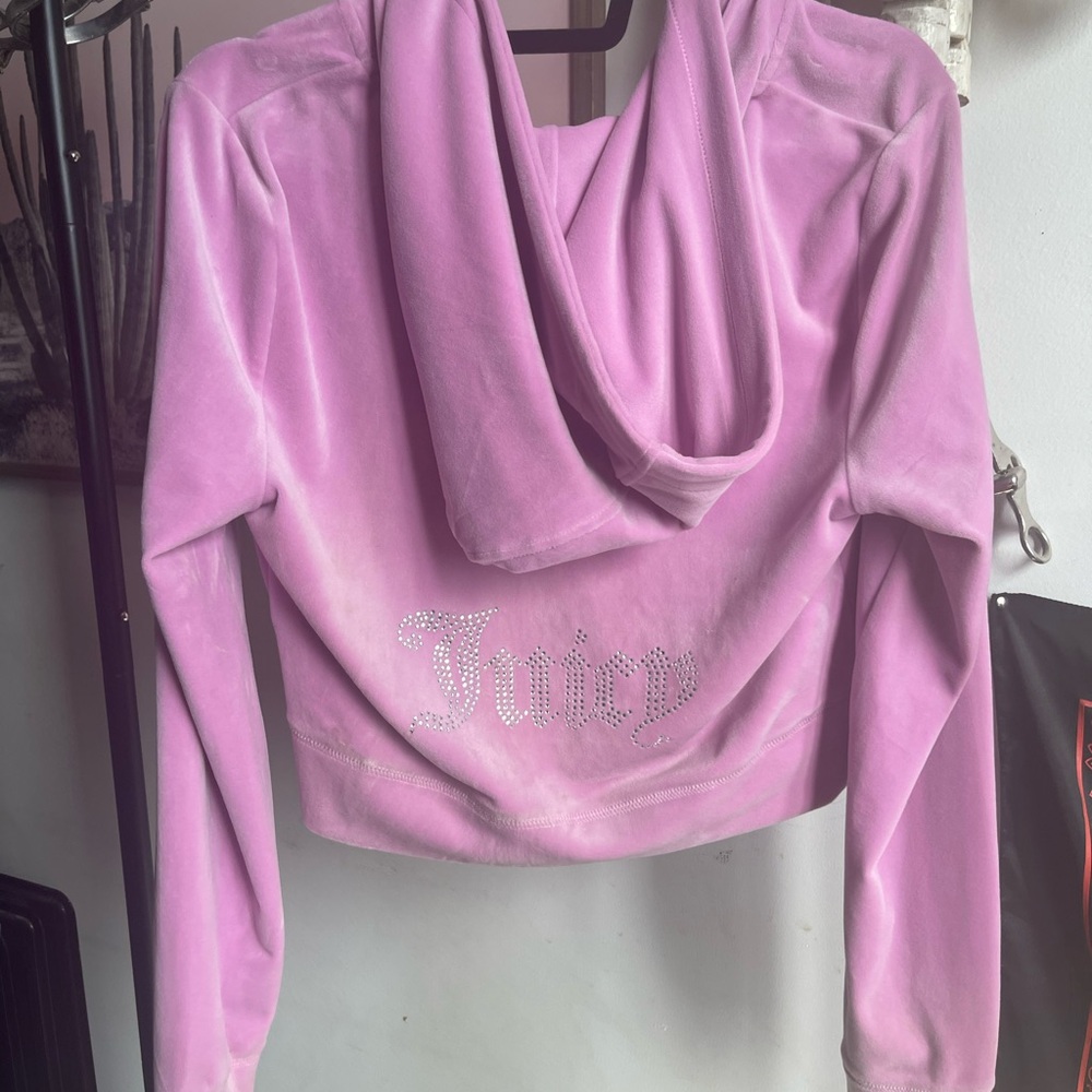 Juicy Couture Pink Velour Rhinestone-Logo Cropped Hoodie